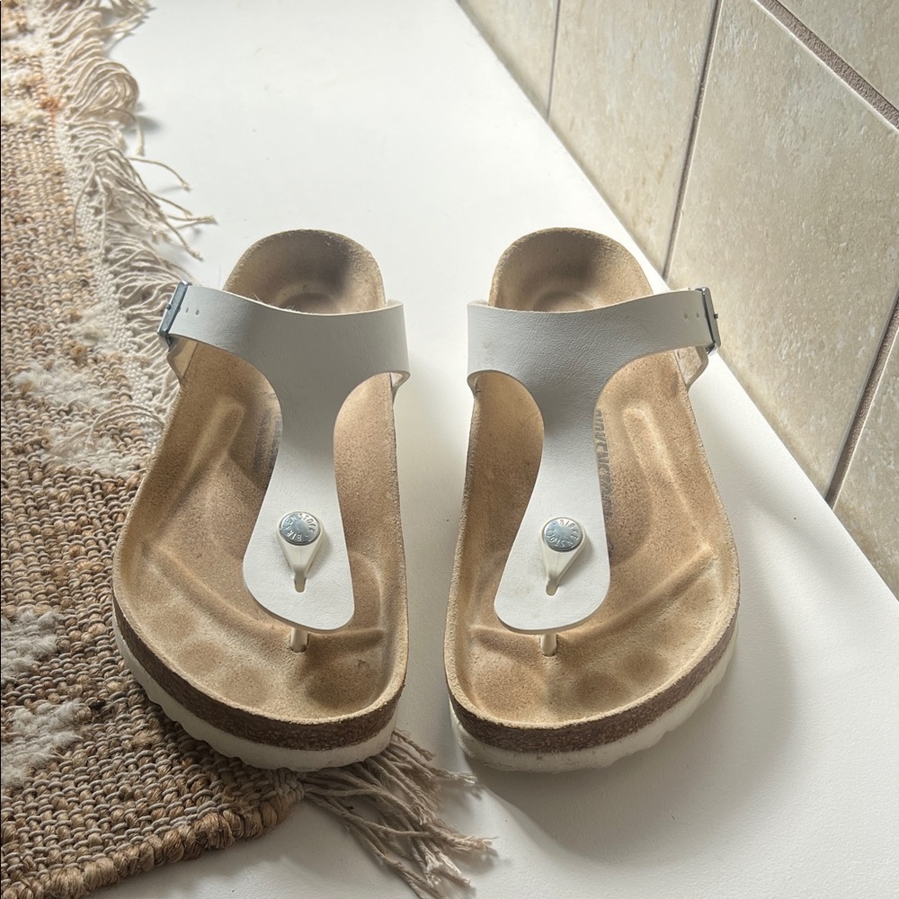 Birkenstock White and Tan Sandals